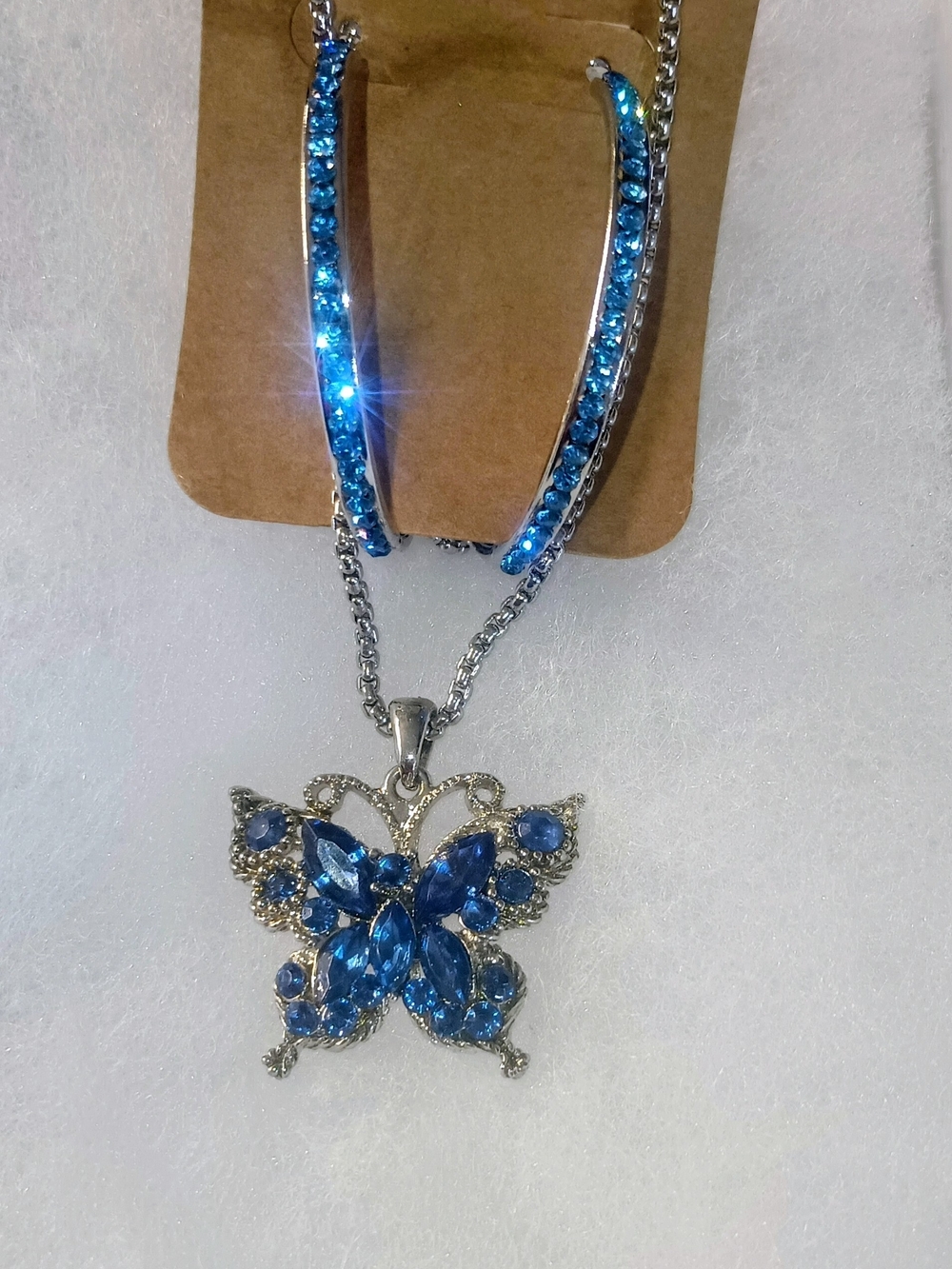 Blue Crystal Butterfly Pendant Necklace and Hoop Earrings Set